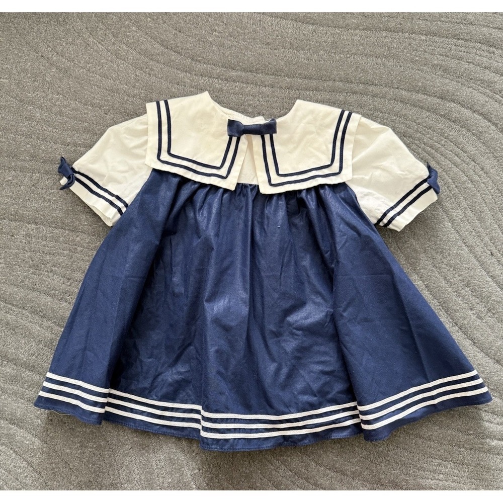 Vintage‎ Pretty As A Picture Dress Sailor Navy Blue Baby Girls Bows USA Nautical